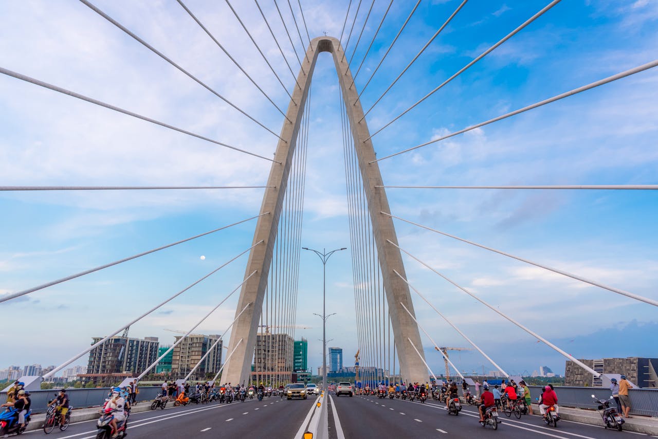 Traffic on the Thu Thiem Bridge over the Saigon River in Ho Chi Minh City, Vietnam